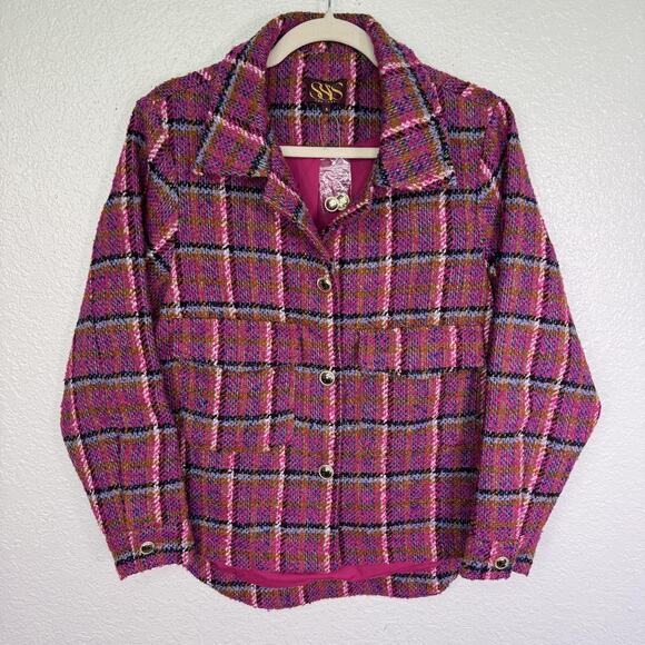 SSYS The Label Jackets & Blazers - SSYS The Label Jacket Womens Small Carrie Magenta Tweed Plaid Gold Button Preppy